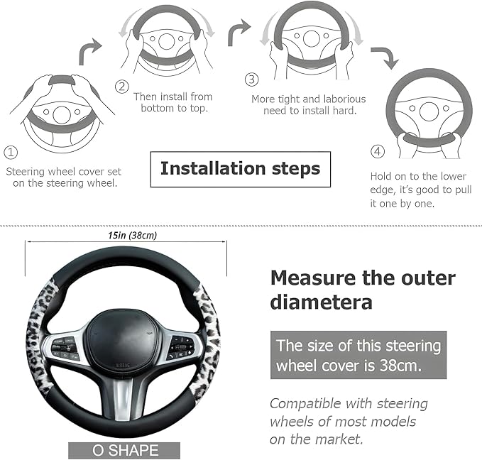 White Leopard Steering Wheel Cover Auto Leather Steering Wheel Protector, Anti-Slip, Breathable, Absorbing Sweat, Universal Leopard Car Accessories 14.5–15 inch,Fit for Most Car, Trucks, SUV