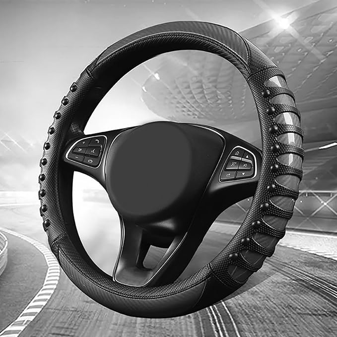 3D Massage Car Steering Wheel Cover,14.5-15 Inch Universal Black Carbon Fibre Leather Covers Breathable Anti-Slip Odorless Steering Wheels Accessories for Men Women