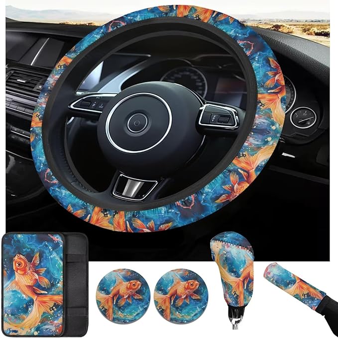 Dazzle Goldfish Print Elastic Steering Wheel Protector for Men Women Auto Interior Accessories 6 Pcs Cup Coaster Cars Handbrake Cover Fit Truck Van SUV
