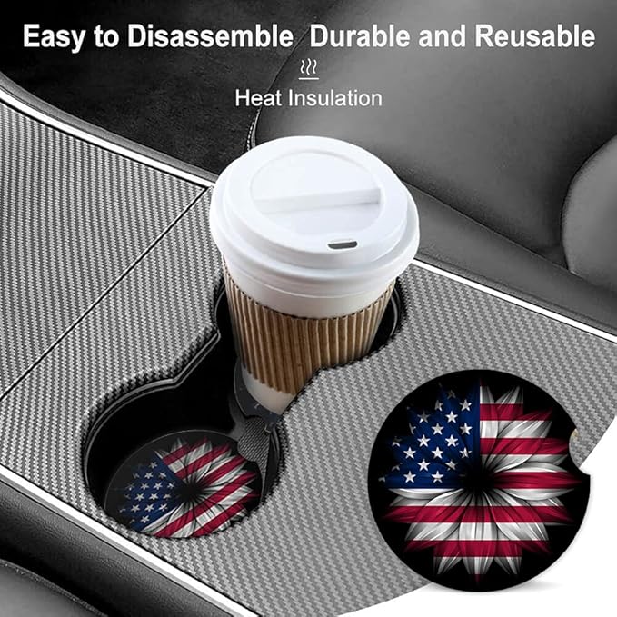 USA Flag Flower Absorbent Cup Holders Car Coasters,Ceramic Stone Drinks Coaster Set for Women Man 2.56"(2 Pack)