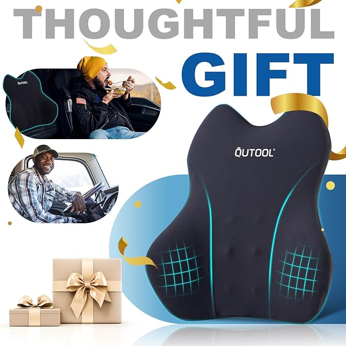 QUTOOL Lumbar Support Pillow for Car, Truck Accessories Travel Essentials, Memory Foam Back Cushion for Driving Seat, Back Pain Relief,Washable Cover, Lower Back Support Fits Most Cars(Black)