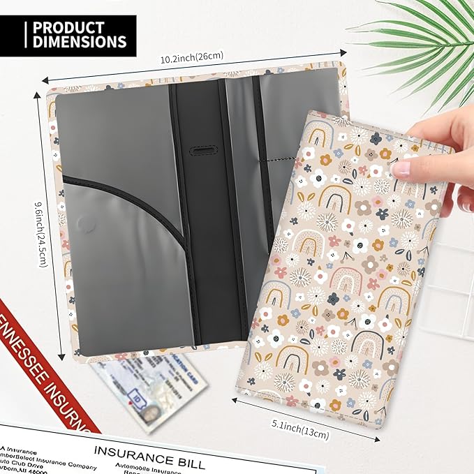 Leather Car Registration and Insurance Card Holder, Cute Car Accessories Vehicle Glove Box Car Organizer for Documents, Cards, License Cute Boho Flowers