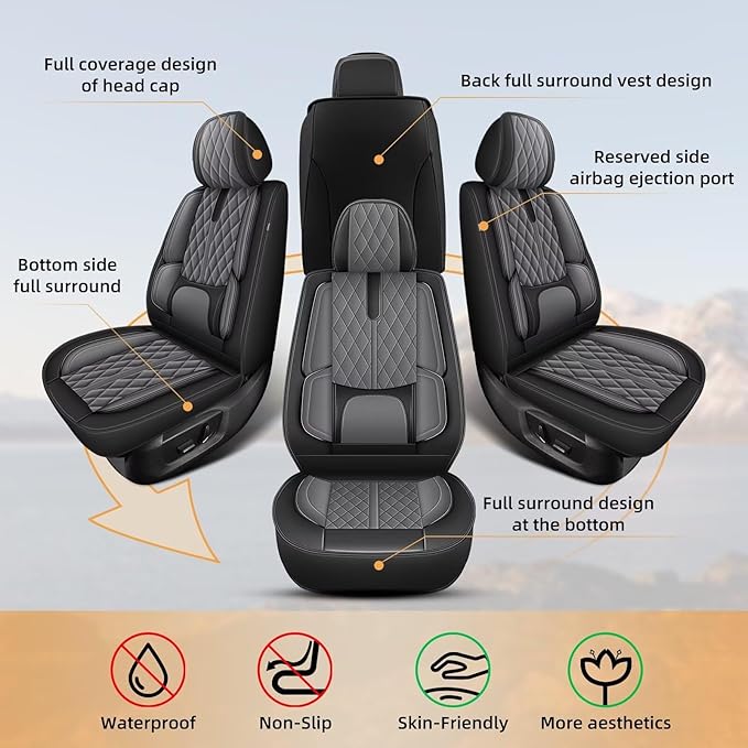 Seat Covers Fit for Chevrolet Chevy Traverse 2018-2023 2024: Full Set Breathable Leather Car Seat Covers - Automotive Interior Seat Cushion Protector (2 Rows 5 Seats, Black & Grey)