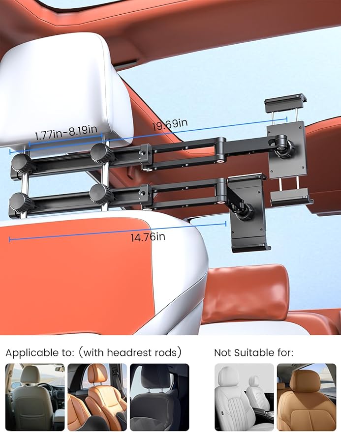 PLDHPRO Car Headrest Tablet Holder for Backseat, 3 in 1 Adjustable Aluminum Alloy Arm Tablet Mount for Back Seat, Road Trip Essentials for Kids for iPad, Galaxy, Fire HD, 5.1''-15.6'' Devices