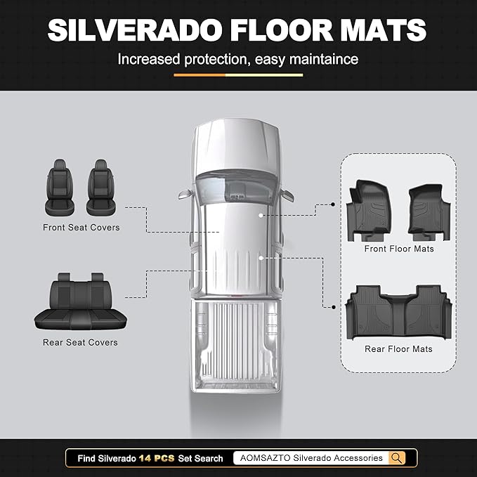 AOMSAZTO Floor Mats for 2019-2026 Chevy Silverado 1500 / GMC Sierra 1500, 2020-2026 Chevy Silverado/GMC Sierra 2500HD / 3500HD Crew Cab with Rear Underseat Storage Box - 1st & 2nd Row Car Liner