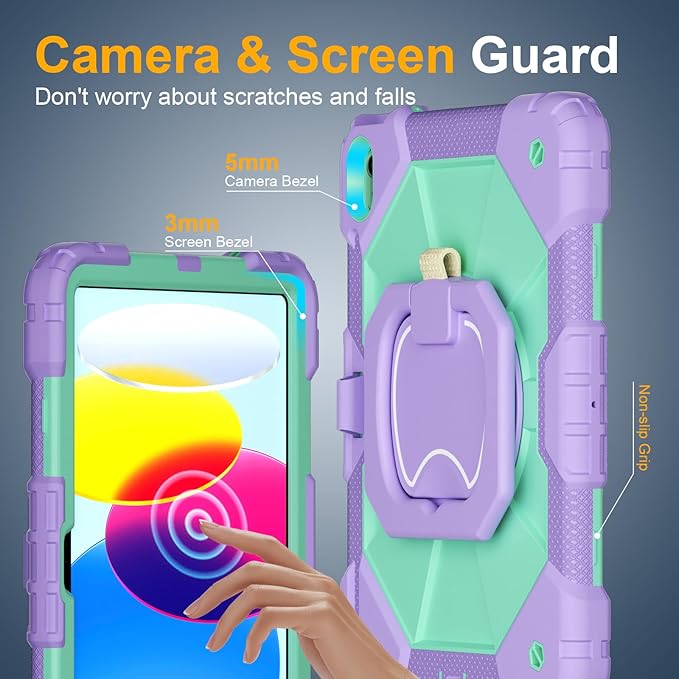 Case for iPad A16 11th/10th Generation 11 inch/10.9 inch 2025/2022, Ubearkk for iPad a16 case with Screen Protector, 360 Degree Rotating Stand Shoulder Strap Pencil Holder Purple Mint