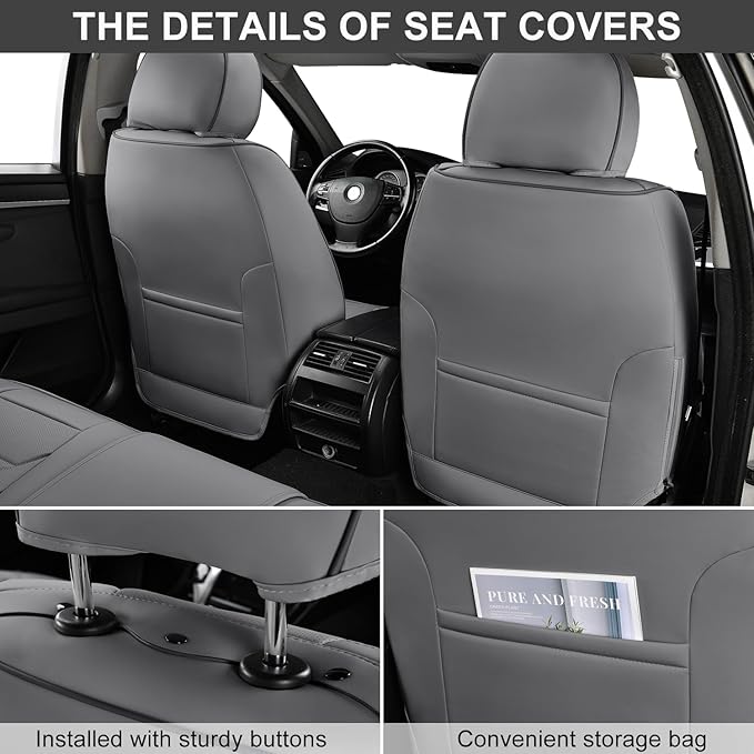 Leather Car Seat Covers Full Set with Lumbar Support, Breathable and Waterproof Car Seat Cover, Universal Seat Covers for Cars, Trucks, SUVs, Sedans, Airbag Compatible, Gray