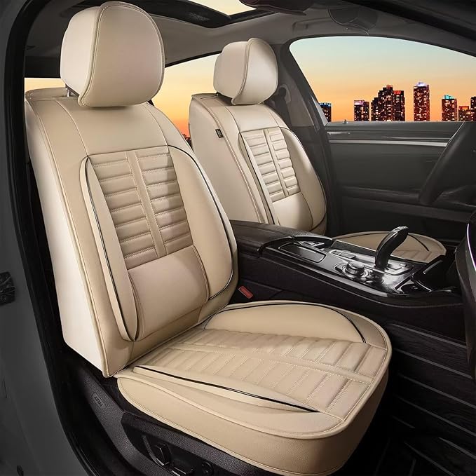 Seat Covers Fit for Toyota Highlander:2008-2025 Full Set with Lumbar Support Airbag Compatible Premium Faux Leather Waterproof Car Seat Cushion (5 Seats Beige)