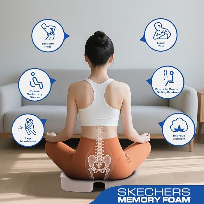 Skechers Memory Foam Seat Cushion,Ribbed Fabric Office Chair Cushion for Tailbone Pain Relief,Butt Pillow for Office Chair,Car Seat Cushion,Long Sitting Office Workers,and Car Drivers,Beige