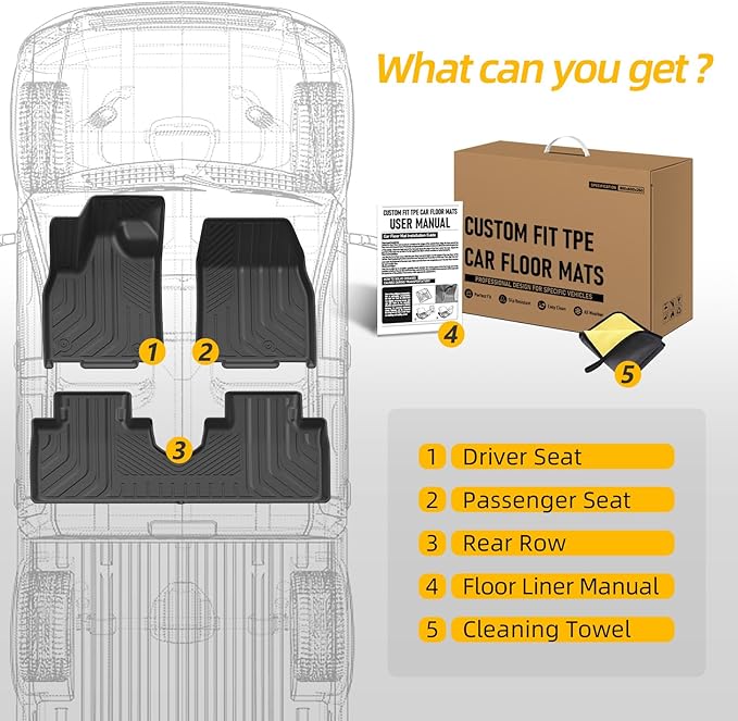 PWY Car Mats for Ford Mustang Mach E 2021-2025 (Not for Mustang), All Weather Custom Car Floor Mats Full Set, Heavy Duty TPE Floor Liners - Anti Slip & Waterproof, 3PCS Car Accessories Set, Black