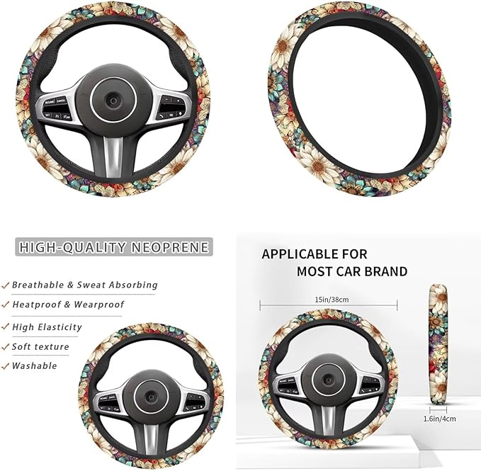 Hippie Blossom Lotus Car Interior Decor for Women 6 Pcs Flower Print Steering Wheel Cover Cup Coaster Handbrake Gear Cover Suit for Most Cars Truck Vans SUV