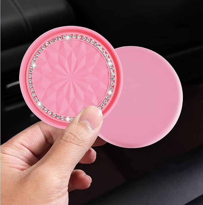 Amooca Car Cup Coaster 4 Pack Universal Non-Slip Cup Holders Insert Coasters Bling Crystal Rhinestone Car Interior Accessories Peach Pink Flower