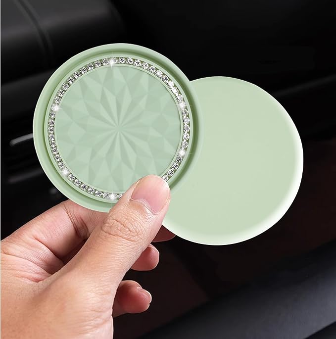 Amooca Car Cup Coaster 4 Pack Universal Non-Slip Cup Holders Insert Coasters Bling Crystal Rhinestone Car Interior Accessories Tea Green Flower