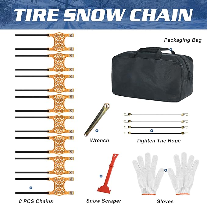 LILYPELLE Upgraded Snow Chains 8 Pack, Tire Chains for Cars/SUVs/Pickup Trucks, Emergency Anti Slip Tire Traction Chains for Tire Width 165-275mm