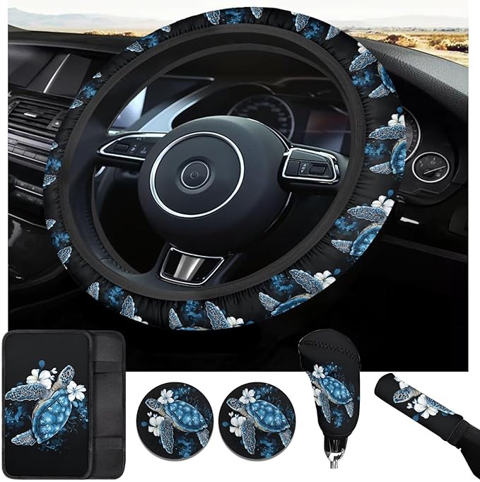 Blue Sea Turtle Steering Wheel Cover Sets Flower Print Car Accessories Handbrake Cover Cup Coaster Car Interiors Decor for Men Women 6pcs