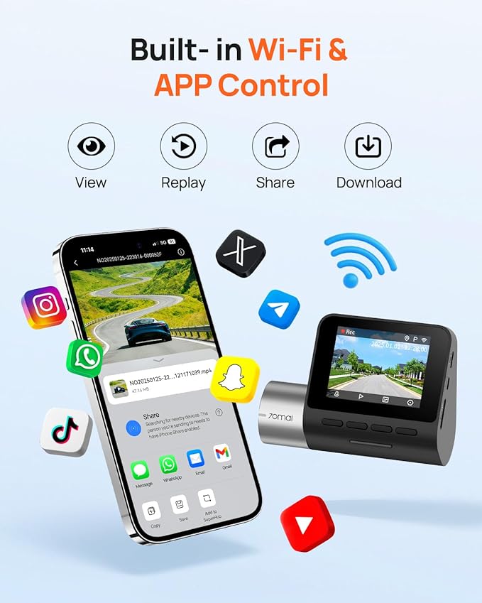 70mai 2.7K Dash Cam Front and Rear A500S, Dual Dash Camera for Cars, Dashcam with APP, Sony IMX335, ADAS, Built-in WiFi GPS, 2'' IPS Screen, WDR, Night Vision, 24/7 Parking Mode, Loop Recording