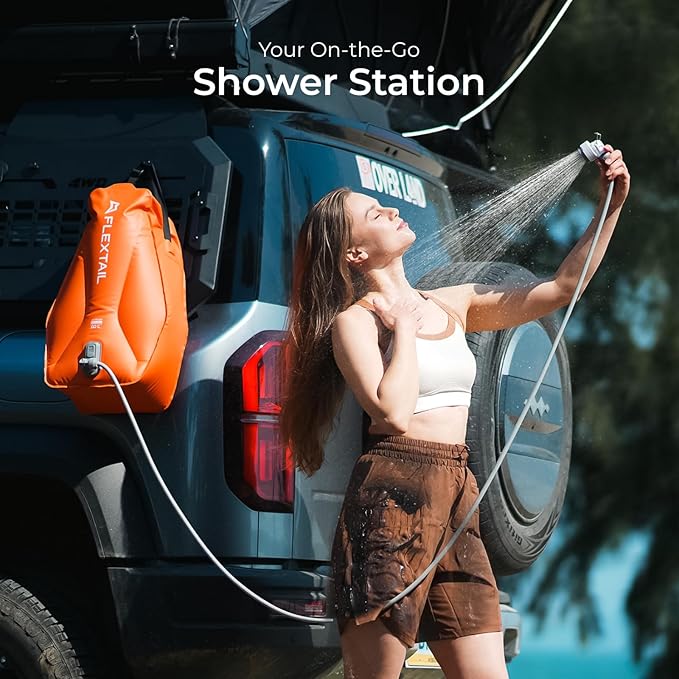 FLEXTAILGEAR Camping Shower Bag with Built-in Electric Pump, Portable Camp Shower, 5 Gallons Rechargeable Pressure Outdoor Shower Large Water Inlet