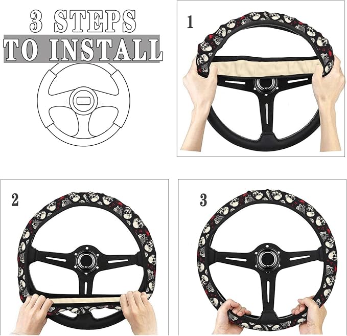 Rock Roll Skull Skeleton Love Music Steering Wheel Covers Anti-Slip Elasticity Car Accessories Steering Wheel Protector Universal 15 Inch for Cars SUV Vehicle Truck