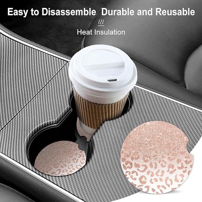 Trendy Rose Gold Glitter Leopard Absorbent Cup Holders Car Coasters,Ceramic Stone Drinks Coaster Set for Women Man 2.56"(2 Pack)