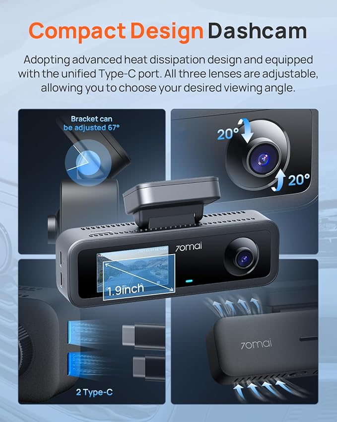 70mai 4K Dash Cam Front and Rear Inside, 3 Channel Car Dash Camera for Cars, Dashcam with GPS, Wi-Fi 6, Voice Control, Parking Monitor, Night Vision, Loop Recording, 64GB SD Card Included (T800E)