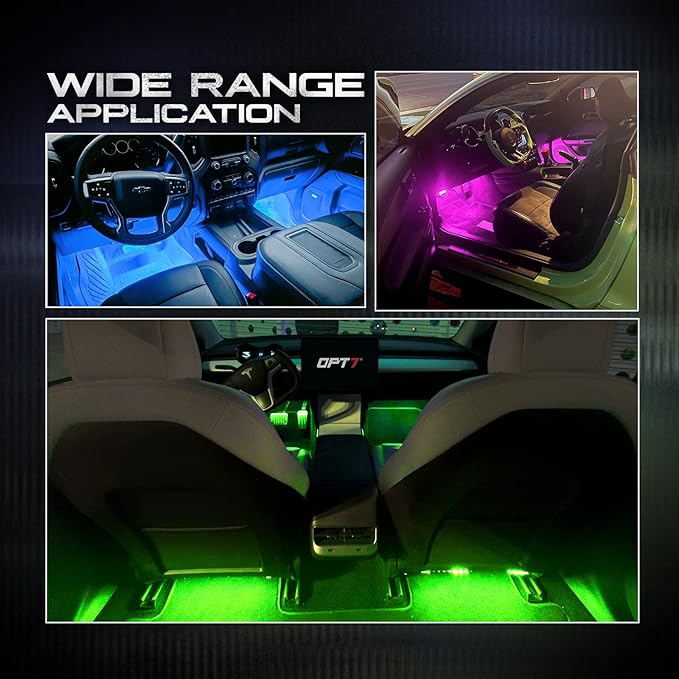 OPT7 Aura Double Row Car LED Lights Interior with Wireless Remote Control, Multicolor Mode, Sound Active Function Inside Ambient Lighting Kit, Footwell Floor Decor, Charger Adapter 12V, 4pc