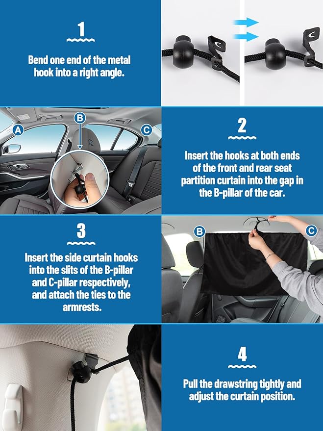 Set of 3 Car Window Shades - 95% Light Blocking Sunshades, 1 Privacy Divider Curtains & 2 Side Window Covers, Wide Sedan SUV Accessories for Kids Baby Travel Camping Nap Sleeping