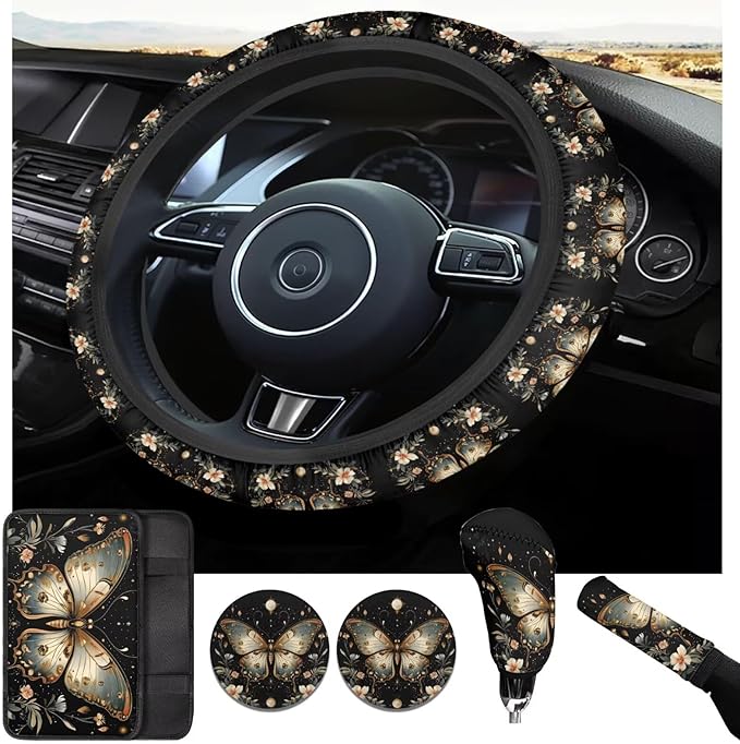 Flower Car Accessories 6 Pcs Sets Butterfly Car Steering Wheel Cars Interior Decor Handbrake Cover Cup Coaster Fit for SUV Truck Vans