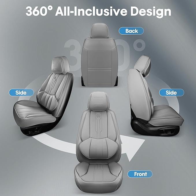 AOOG Front Seat Covers, Car Seat Covers Front Seats, Leather Seat Covers for Cars, Waterproof Seat Covers with Lumbar Support Universal Fit for Most Cars SUV Trucks(Front Pair, Grey)