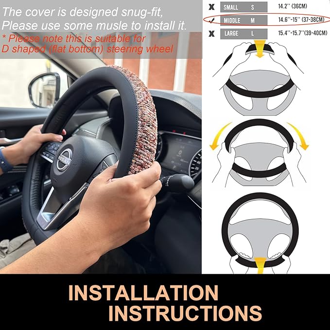 PINCTROT D Shaped Chenille Leather Steering Wheel Cover, Soft Mottled Colors, Sweat-Proof, Non-Slip Grip, All-Season Comfort, Flat Bottom 14.5-15 Inch(Mottled Red)