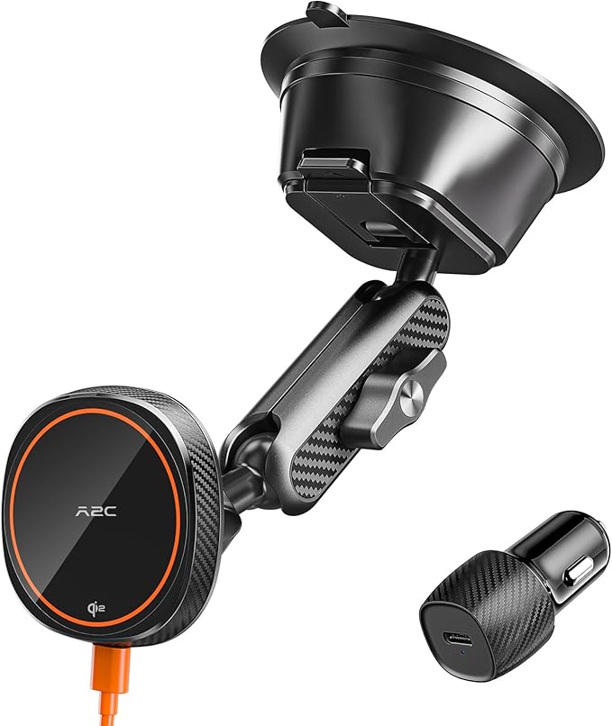 A2C Qi2 15W Wireless Charger for MagSafe Car Mount Charger Magnetic Suction Cup Phone Holder for iPhone 17/16/15/14/13/12, Adjustable Aluminum Alloy Arm, Windshield/Dashboard, Fast Charging