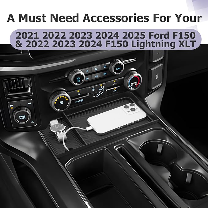 LUWU Center Console Organizer for 2021-2024 2025 Ford F150 & 2022-2024 F150 Lightning XLT Hidden Storage Tray 2025 F150 Accessories w/USB Hole (Fits into The Open Pocket in Front of The Shifter)