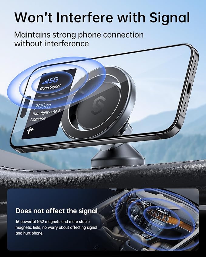 SYNCWIRE for MagSafe Car Mount - 360 Rotation Magnetic Phone Holder for Car Dashboard, Strong Magnets Car Phone Holder Mount Compatible iPhone 16 Pro Max 15 14 13 12,Samsung - MagSafe Car Accessories