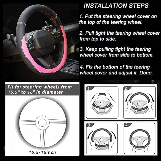 Valleycomfy Microfiber Leather Steering Wheel Cover Large-Size for F150 F250 F350 Ram 4Runner Tacoma Tundra Range Rover Model S X with 15 1/2 inches-16 inches Outer Diameter Pink