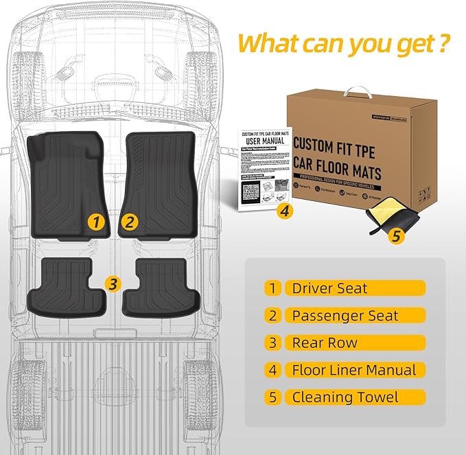 PWY Car Mats for Ford Mustang 2015-2025 2026 (Not for Mach-E), TPE Heavy Duty Automotive Floor Mats, Custom Fit Car Liners, All Weather Floor Liners for Mustang, 4PCS Mustang Interior Accessories