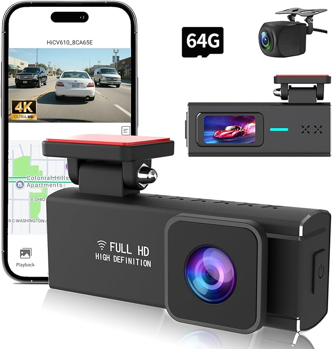 Dash Cam Front and Rear, 4K+1080P Full HD Dash Camera for Cars, with 64GB Card, Loop Recording, G-Sensor, Night Vision, 24H Parking Mode, Built in WiFi, App Control, 1.47" Screen
