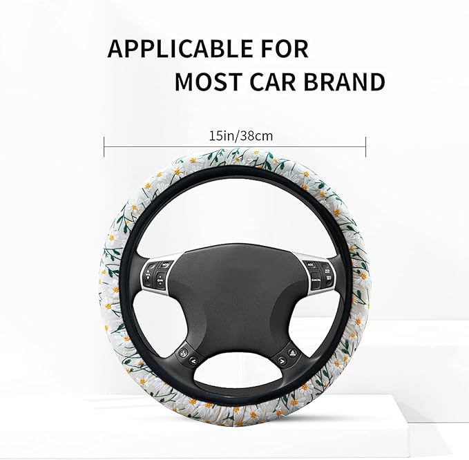 Embroidered Flowers White Cute Daisy Steering Wheel Cover Auto Anti-Slip Breathable Steering Wheel Protector,Floral Car Accessories for Women,Universal Size Fit Most Cars -15 inch