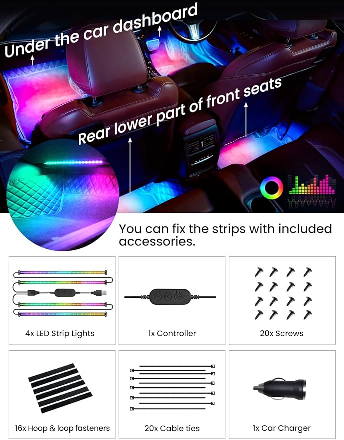 Pak Car LED Lights, Smart RGB+IC 72 LED Car Interior Light, 16 Million Colors Strip Light, APP Control, Music Mode, Scene Modes, 2 Lines Design with Car Charger, Under Dash Lighting for SUVs, Trucks