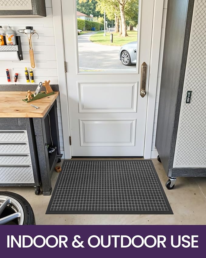 DEXI Front Door Mat Outside Entrance, Rubber Entry Doormat Heavy Duty, Welcome Mats Non Slip for Inside House Floor Entryway Back Doors Exterior Patio, 17x29 Squares Grey