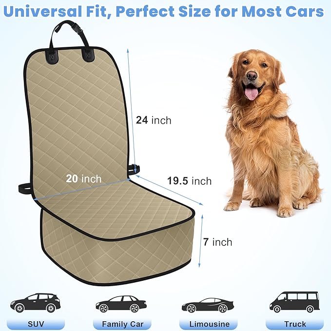 Dog Car Seat Covers, Waterproof Front Seat Cover for Dogs, Scratch-Proof, Nonslip Pet Passenger Seat Cover Protector, Universal Fit for Cars Trucks SUVs, Standard Size, Khaki