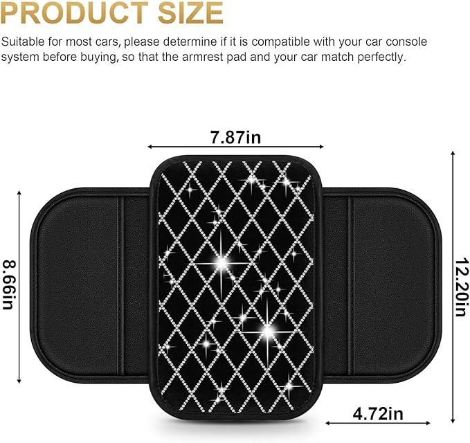 Car Armrest Cover Fit for Corolla Diamond Rhinestone Bling Center Console Cover with 2 Storage Bags Leather Arm Rest Cover Pad Protector(Black)