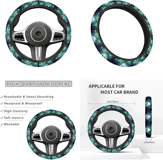 Galaxy Night Owl Car Steering Wheel Cover Set 6 Pcs Animal Owl Print Cup Holder Armrest Pad Gear Shift Cover,Car Handbrake Covers Auto Accessories for Men Women