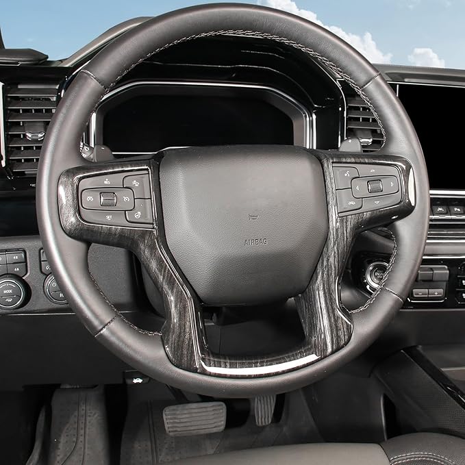 Voodonala for Chevy Silverado Steering Wheel Panel Cover Interior Steering Wheel Accessories Compatible with Chevy Silverado 2019+ Surburban2020+ Tahoe 2021+(1Pc,ABS,Black Wood)