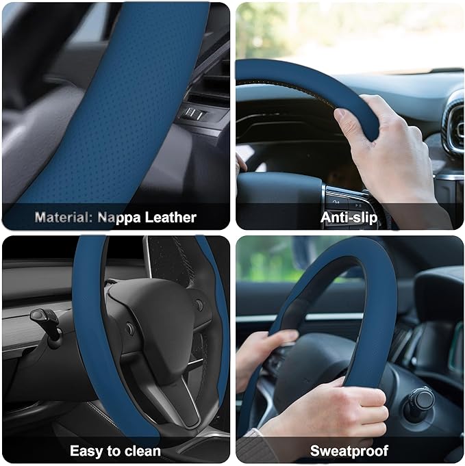 frani Leather Steering Wheel Cover, Universal 15 Inch Premium Non-Slip Steering Wheel Cover Navy Blue