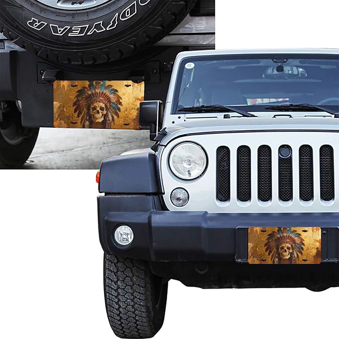 Native American Skull Feathered Hat Front License Plate Car Decorative License Plates Aluminum Metal Decor Accessory Novelty Vanity Tag Cover with 4 Holes for Men Women 6" X 12"