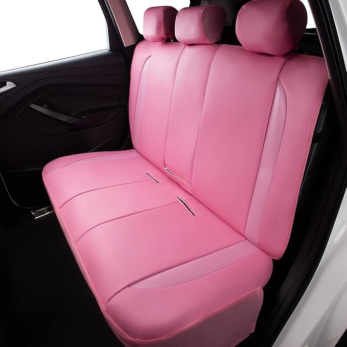 Flying Banner car seat Covers Protects Water Proof Faux Leather Carbon Fiber Fronts Rear Bench Covers (Pink Pink, Full Set - 8PCS)