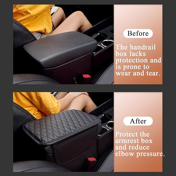 Upgraded Car Center Console Cover, Leather Armrest Cushion Pad with 2 Storage Bags, Microfiber Soft Waterproof Seat Box Cover Protector, Cars Interior Decor Accessories Fit for Most Vehicles