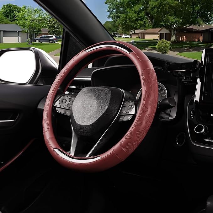 SEG Direct Car Steering Wheel Cover Medium Size 14 1/2"-15" Embossed Microfiber Leather with Carbon Fiber Pattern Burgundy