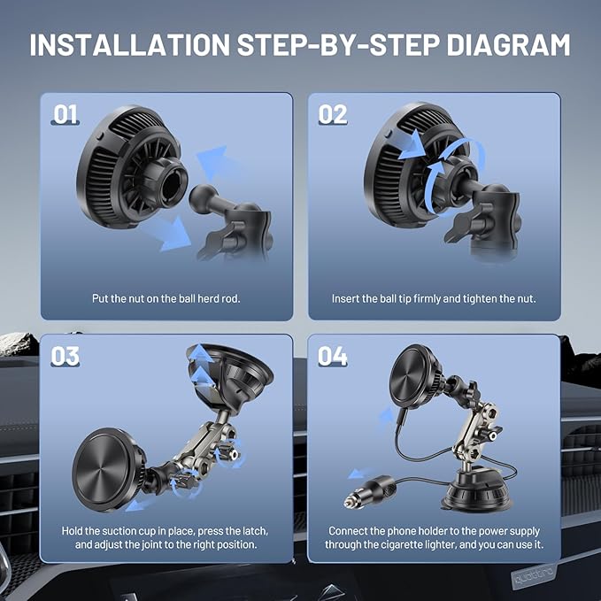 This Hill 15W Magnetic Wireless Car Charger Mount, Compatible with MagSafe, Phone Holder with 360° Suction Cup & Aluminum Alloy Telescopic Arm Compatible with iPhone 16 Pro Max 15 14 13 12