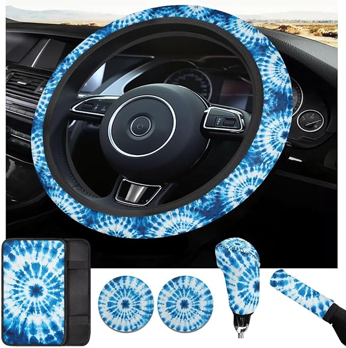 Blue Tie-Dye Car Steering Wheel Cover Set for Men Women 6 Pcs Car Interior Decor Cup Coaster Handbrake Cover Universal Fit Auto,Suvs,Truck
