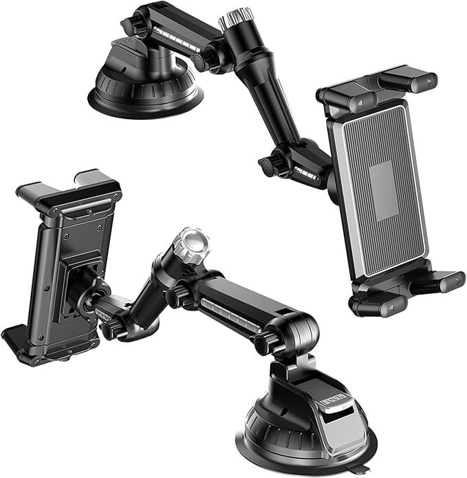 5 in 1 Tablet Holder for Car, Windshield+Dash Car iPad/Phone Mount with Strong Suction Cup & Large Clamp, for Most Phones and Tablets, for Driver & Front Passenger, Adjustable, Upgrade (Black)